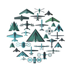 Military drones flat icons set. Drones vector illustration for design and web isolated on white background. Military drones vector object for labels, logos and advertising