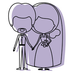 silhouette lilac color shadow of contour caricature faceless newly married couple in wedding suits