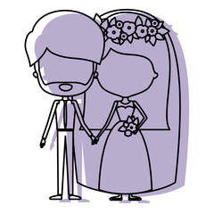 silhouette lilac color shadow of contour caricature faceless newly married couple bearded groom with formal wear and bride with straight medium hairstyle