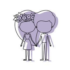 watercolor silhouette of caricature faceless couple standing and her in dress with long straight hair with floral crown and him in casual clothes