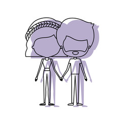 watercolor silhouette of faceless caricature couple standing and him with beard and her with pants and wavy short hairstyle