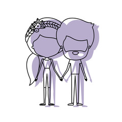 watercolor silhouette of faceless caricature couple standing and him with beard and her with pants and ponytail hairstyle and floral crown accesory