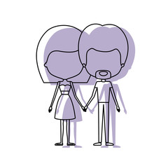 watercolor silhouette of faceless caricature couple standing and him with van dyke beard and her with skirt and mushroom hairstyle