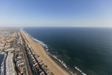 Fototapeta premium Aerial of Sunset Beach and Pacific Coast Highway in Orange County, California. 