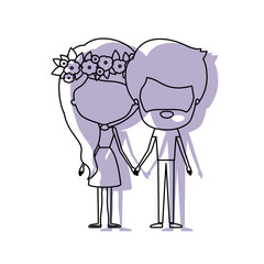 watercolor silhouette of faceless caricature couple standing and her in dress with long hair with floral crown and him with beard