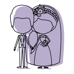 watercolor silhouette with caricature faceless newly married couple groom with formal wear and bride with ponytail side long hairstyle