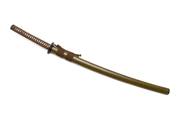 Brown handle Japanese sword and green scabbard on white background
