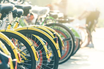 Obraz premium Public rental bicycles in a line in city,tianjin,china.
