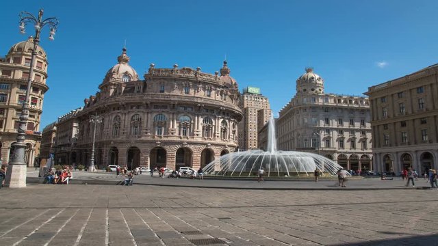 GENOA, ITALY - JUNE 27, 2017: Fountain in the main square of the city Piazza De Ferrari. Square situated in the heart of the city between the historical and the modern center, RAW video, realtime