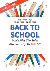 Promotion poster Back to school vector illustration. Advertising banner Back to school with list of stationery elements (pencil, pen, ruler, staple) and sample text.