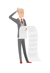 Senior caucasian accountant holding a long bill.