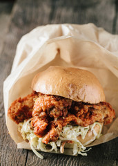 Fried boneless chicken sandwich with coleslaw