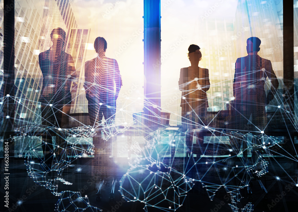 Poster group of business partner looking for the future with network digital effect