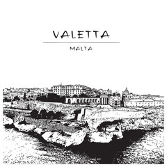 Fototapeta premium Valletta, Malta. Beautiful panorama of the old town marina. Vector illustration.
