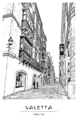 Valletta, Malta. Urban scene in the downtown district. Beautiful view of a narrow street of the old town. Vector illustration.