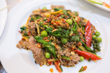 Fototapeta premium Closup Stir-fried beef (Thai food menu)