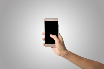 Woman Hand holding smart phone blank screen. Copy space. Hand holding smartphone isolated on white background.