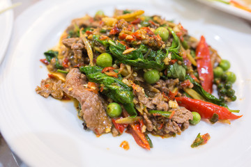 Closup Stir-fried beef (Thai food menu)