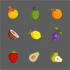 Colorful Fruit Icon Set on Grey Background
