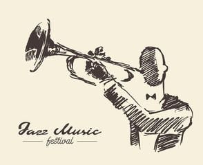 Set man playing trumpet vintage hand drawn sketch © TheMountBirdStudio