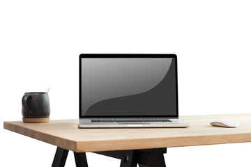 blank screen laptop on wooden desk on white background