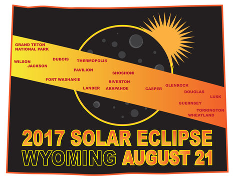 2017 Solar Eclipse Across Wyoming Cities Map vector Illustration