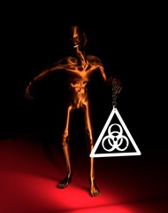 Posing horrified zombie. Biohazard sign hanging from a chain. 3D rendering