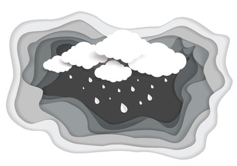 Rainy fall and clouds background. Paper art style. Vector illustration