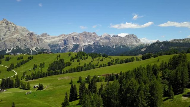 Fantastic landscape on the Dolomites. Drone aerial view on the peaks called Sas Crusc, Lavarela, Conturines, Pizes de Fanis and Lagazuoi. Place is Alta Badia, Sud Tirol, Italy