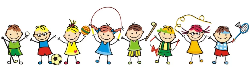 Foto op Plexiglas Kinderopvang Gelukkige jonge geitjes, groep meisjes en jongens, vrijetijdsspel, grappige vectorillustratie