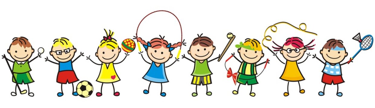 Happy kids, group of girls and boys, leisure game, vector funny illustration