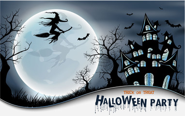 Halloween night background with creepy castle and pumpkins, illustration