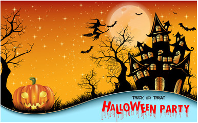 Halloween night background with creepy castle and pumpkins, illustration