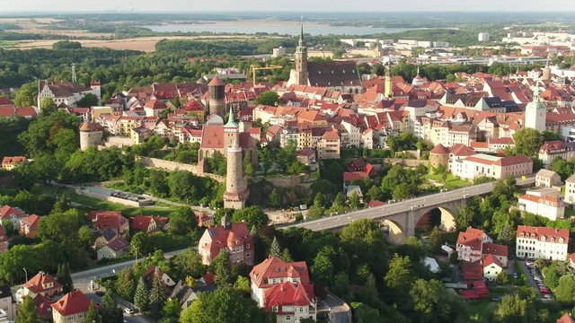 Stunning high aerial of old German city Bautzen, drone view over beautiful historical cityscape, 4K