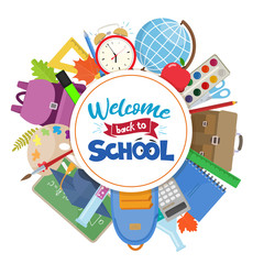 Set of different school supplies. Decoration elements for Back to school holiday. Vector