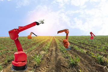 iot, internet of things, agriculture concepts, Farmer use smart farm robot assistant to work in the...