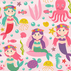 seamless pattern pink with mermaid and marine animals  -  vector illustration, eps