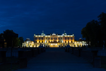 Building of the Branicki Palace, an aristocratic residential complex of the Saxon period by night, Bialystok, Poland