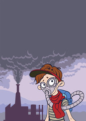 Environmental pollution poster. Cloud of smoke from a factory chimney and man in the gas mask. Post-apocalyptic landscape. Vector illustration with copy space.