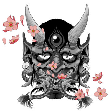 Traditional female Japanese demon tattoo design in black and grey. It is called Hannya in the Japanese folklore and belong to the Yokai world.