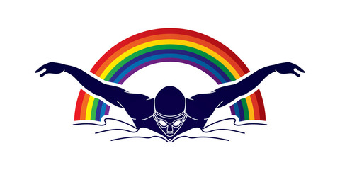 Swimming butterfly, man swimming designed on rainbow background graphic vector