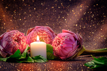 Vintage image style on pink  water lily or lotus flower folding thai style with white candle light  for worship with red bokeh background