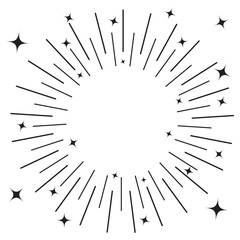 Obraz premium Sunburst round black line circle. Shining effect with stars. Abstract shape. Empty template. Retro bursting rays. Decoration element. White background. Isolated. Flat design.