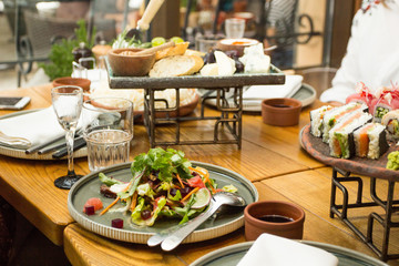 Dining table with salad, selective focus. A restaurant.