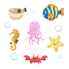 Vector cute different sea and ocean animals set. Isolated vector illustration. Colorful fish, seahorse, jellyfish, starfish, crab and blowfish.