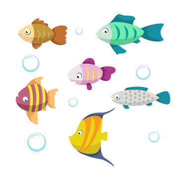 Cute coral reef fishes vector illustration icons set. Collection of funny colorful fish. Vector isolated cartoon characters.
