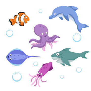 Vector cartoon different sea and ocean animals set. Isolated vector illustration. Clownl fish, octopus, stingray, shark, dolphin, cuttlefish.