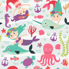 seamless pattern with mermaid and marine animals  -  vector illustration, eps
