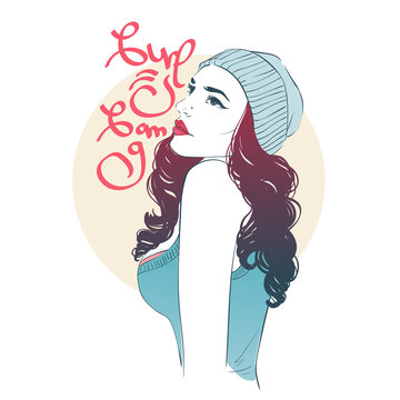 Sexy long hair girls in cap. Vector hand drawn illustration with lettering girls gang in comic style.