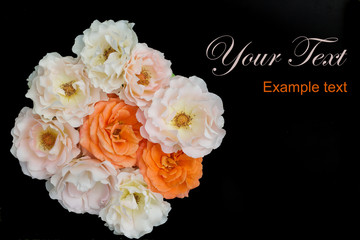 Bouquet of roses black background, flat lay
